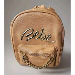 BEBE Women’s Gianna Mini Backpack Tan With Gold Accents Chain NWT Loop Handle